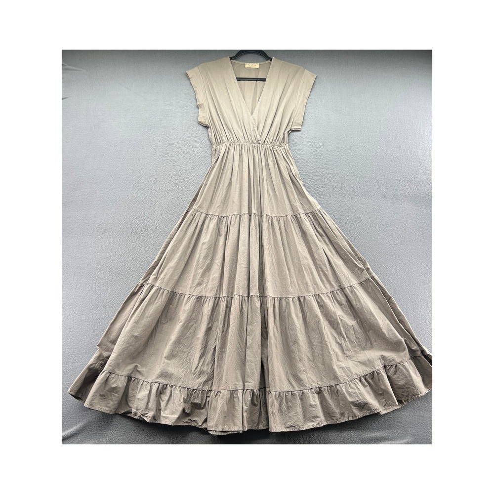 Sofia Made in Italy Dress Taupe Tiered Cotton Maxi V-Neck Elastic Waist Boho M